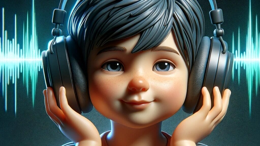 A realistic image of a child wearing wireless headphones, showing freedom of movement and ease of use. 