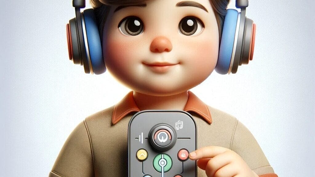 An image of a child confidently using headphones with simple and intuitive controls, emphasizing the ease of use for children. 