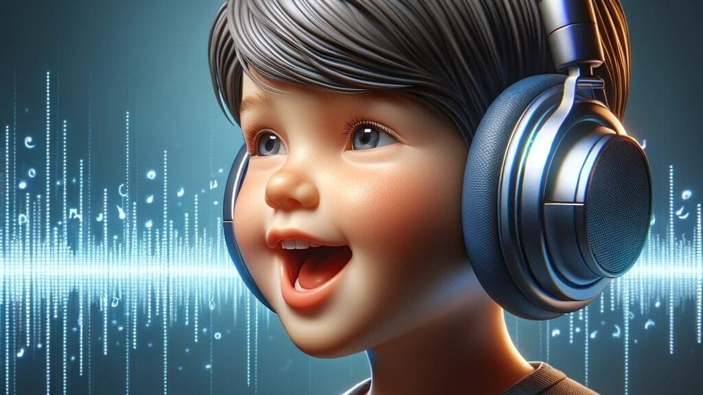 It depicts a child enjoying high-quality sound through headphones, emphasizing the importance of excellent audio quality for kids.